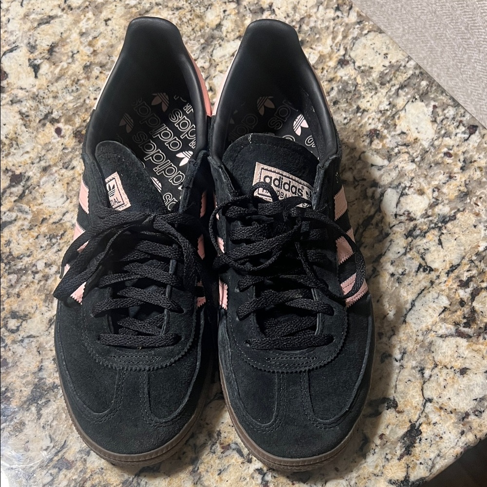 adidas Women's Black and Pink Suede Sneakers